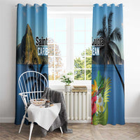 Blue tropical window curtain pair with palm trees and bright hibiscus flowers