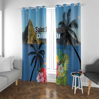 Blue window curtains with palm fronds and hibiscus floral design