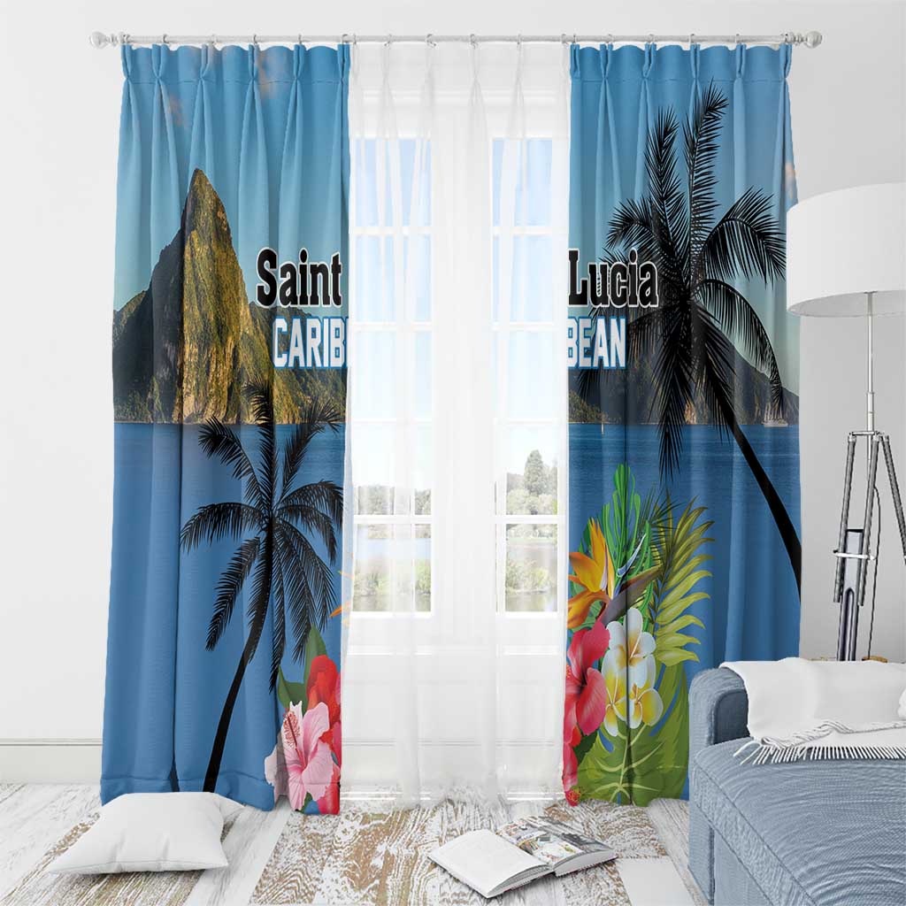 Blue window curtain set with palm trees and hibiscus flowers printed across panels