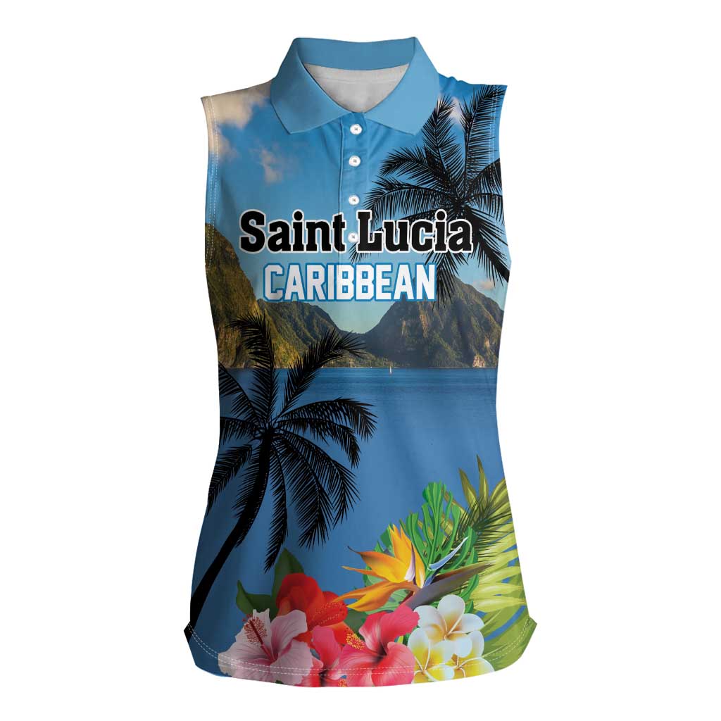 Saint Lucia Pitons Women Sleeveless Polo Shirt With Hibiscus Flowers - Wonder Print Shop