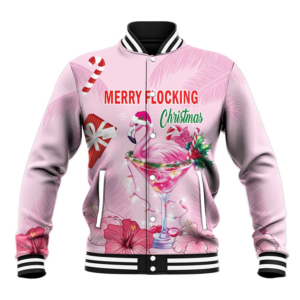 Pink baseball jacket with striped ribbed collar and cuffs, flamingo holiday graphic, Merry Flocking