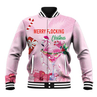 Pink baseball jacket with striped ribbed collar and cuffs, flamingo holiday graphic, Merry Flocking