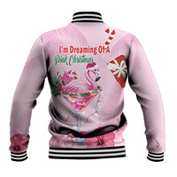 Pink baseball jacket with striped ribbed collar, flamingo back print, I'm Dreaming Of Pink Christmas