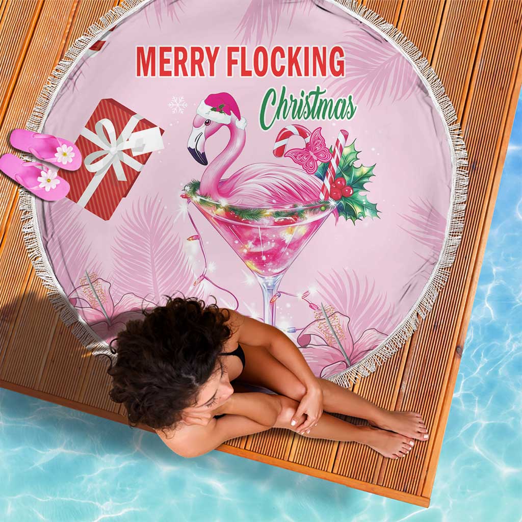 Pink round beach blanket with fringed edge, flamingo martini Christmas artwork