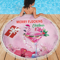 Pink round Christmas beach blanket with fringed edge, flamingo and martini print