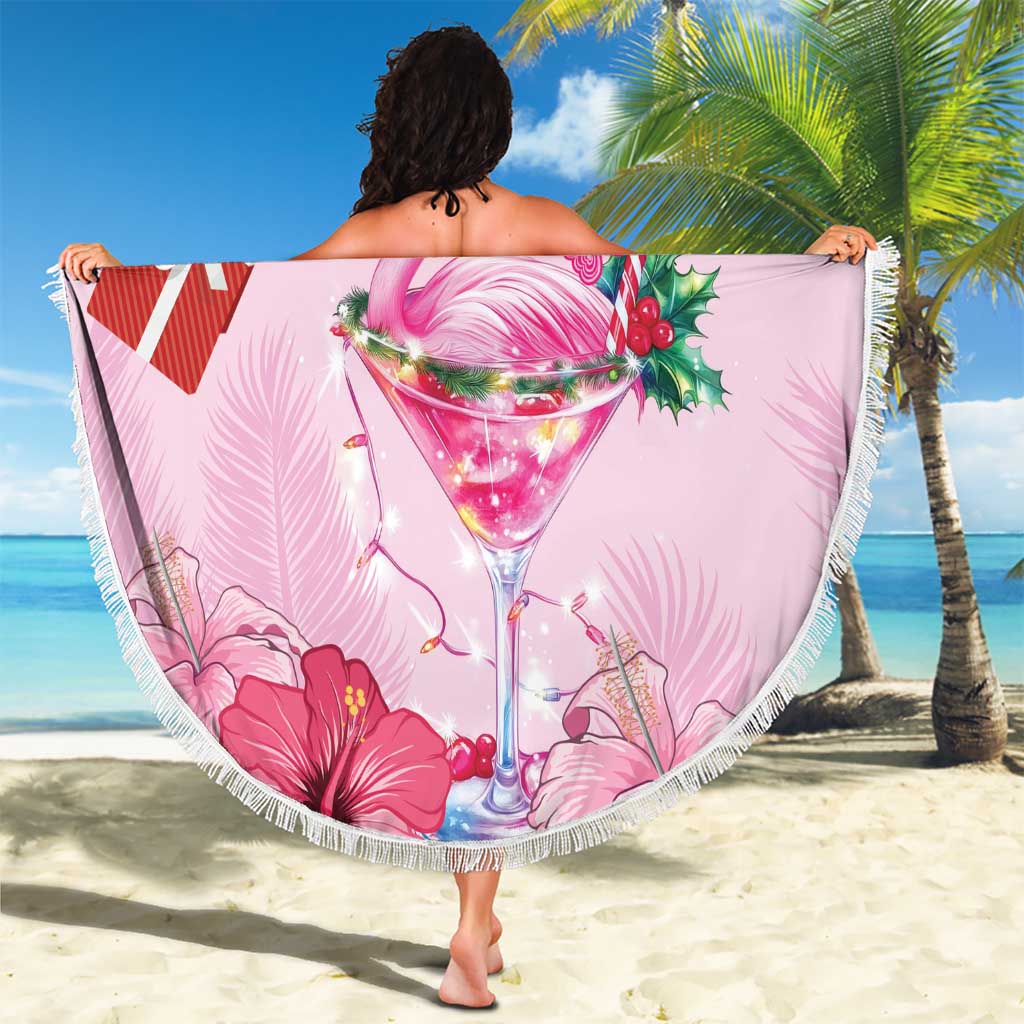 Pink round beach blanket with fringed edge, flamingo and holiday cocktail graphic