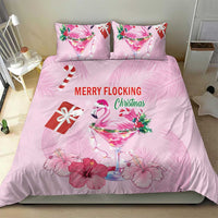 Pink Christmas bedding set: duvet and pillows with flamingo cocktail, candy cane, gifts