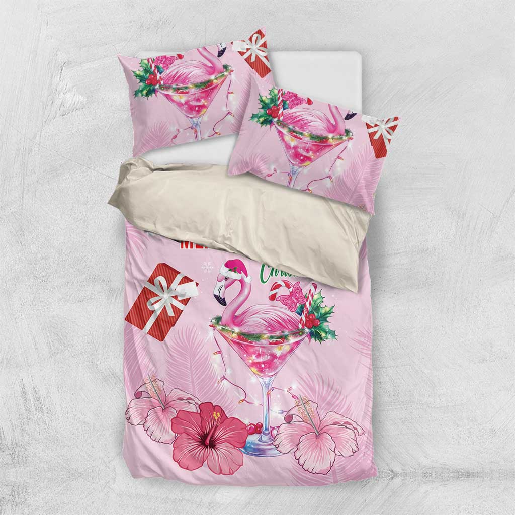 Pink Christmas bedding set with flamingo cocktail, gift box, holly leaves, and flowers