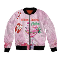 Pink unisex bomber jacket with zip front and flamingo Christmas flocked graphic
