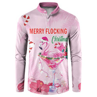 Pink flamingo Christmas button sweatshirt with front 'MERRY FLOCKING' graphic