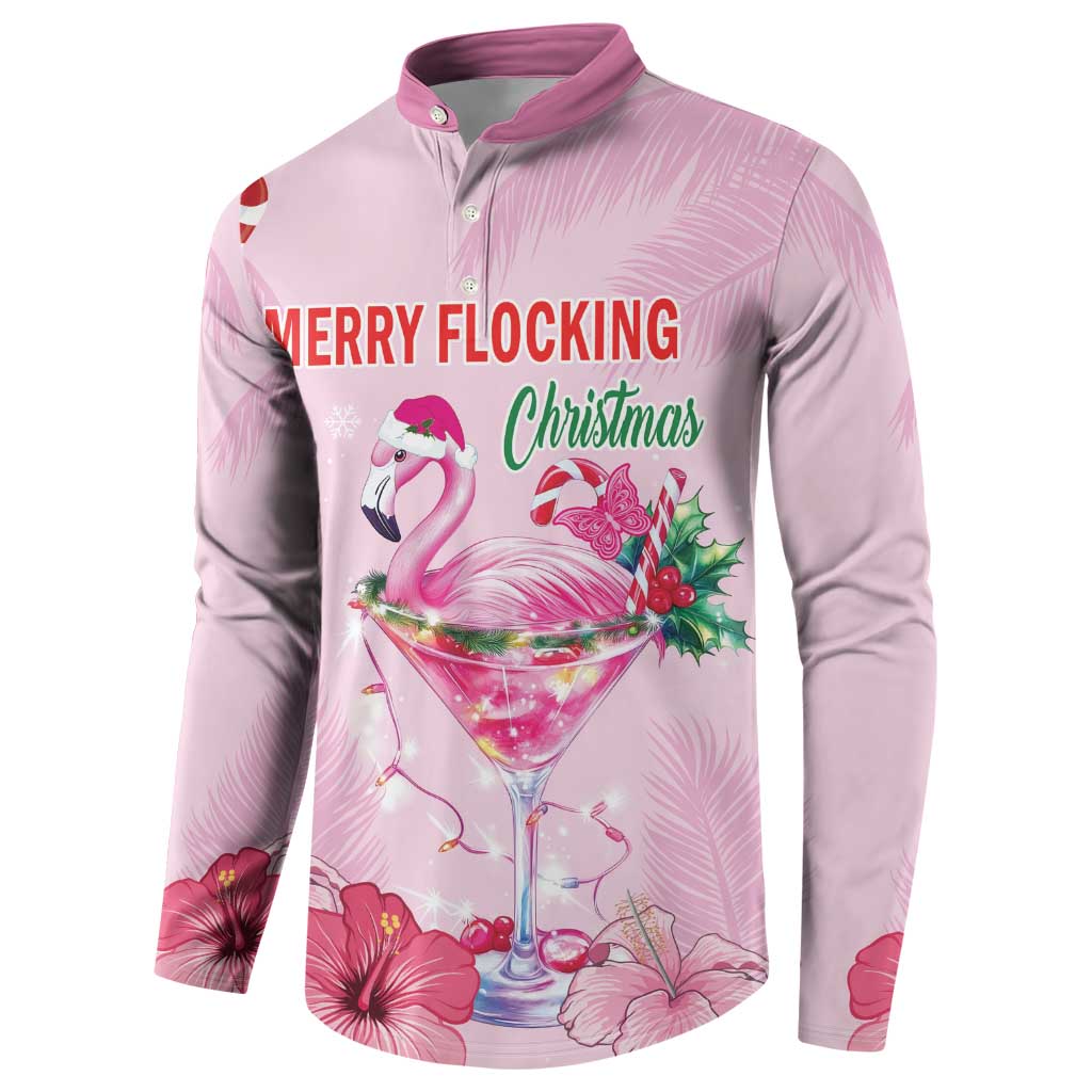 Pink flamingo Christmas button sweatshirt with martini, hibiscus, and candy cane print