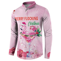 Pink flamingo Christmas button sweatshirt with martini, hibiscus, and candy cane print