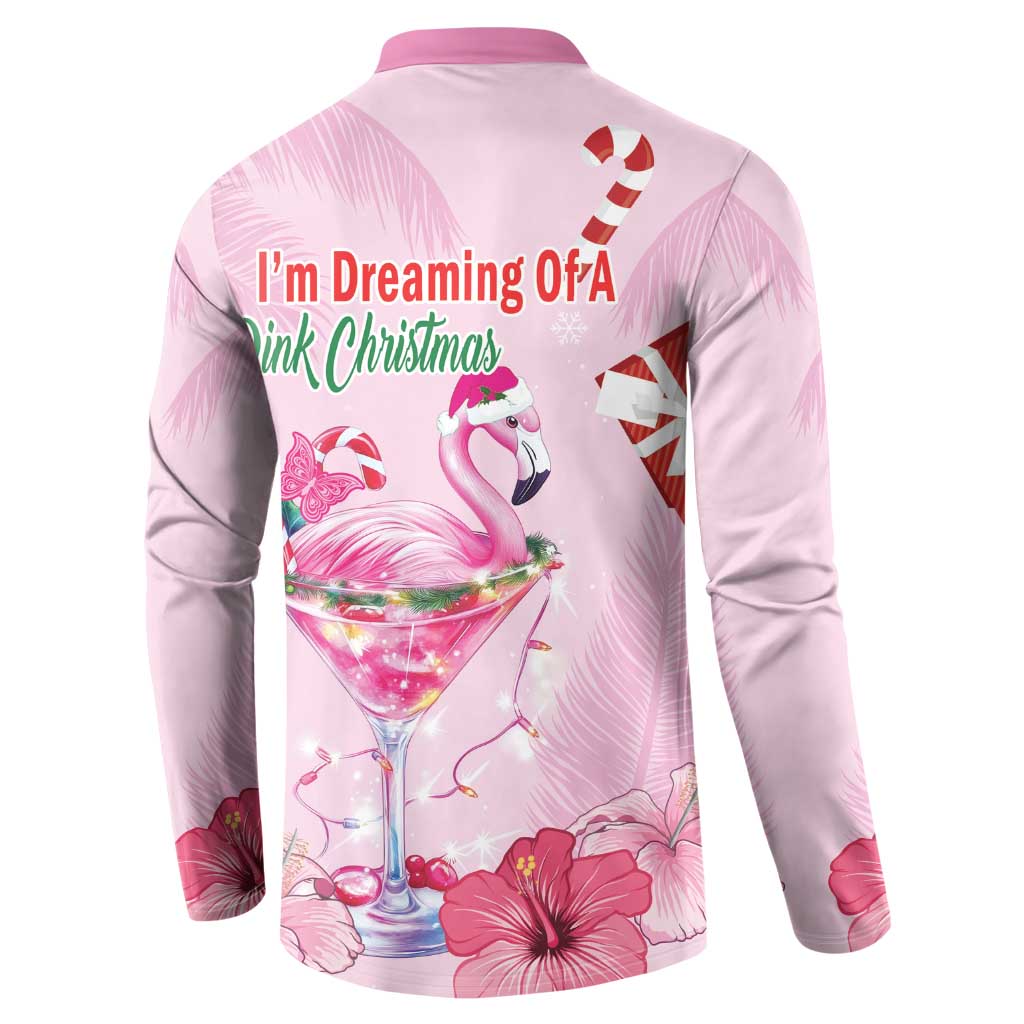 Pink flamingo Christmas button sweatshirt, back 'I'm Dreaming of a Pink Christmas' text