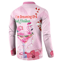 Pink flamingo Christmas button sweatshirt, back 'I'm Dreaming of a Pink Christmas' text