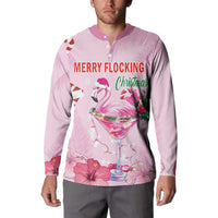 Pink flamingo Christmas button sweatshirt with front 'MERRY FLOCKING Christmas' design