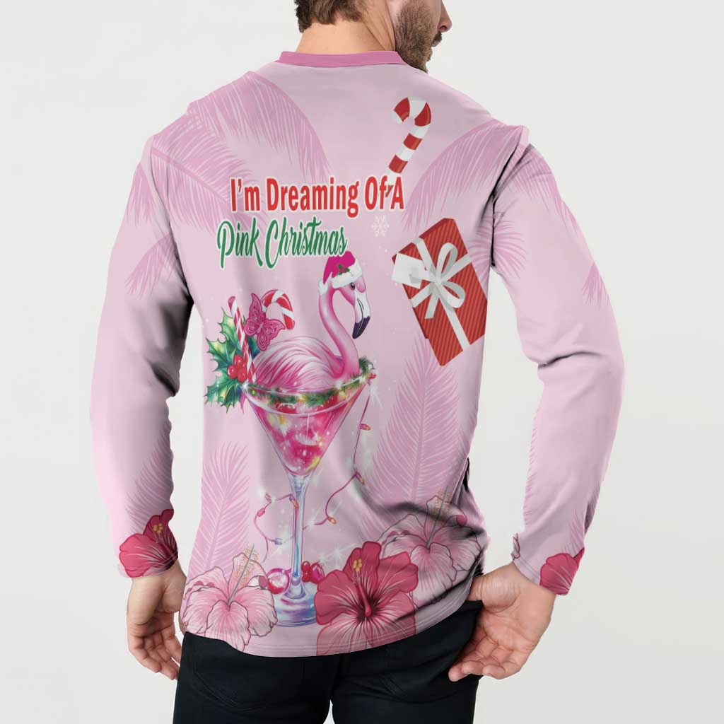 Pink flamingo Christmas button sweatshirt, back hibiscus and martini flamingo print