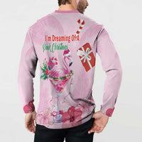 Pink flamingo Christmas button sweatshirt, back hibiscus and martini flamingo print
