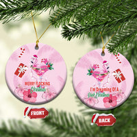 Pink flamingo Merry Flocking Christmas ceramic ornament, round, with gold hanging loop.