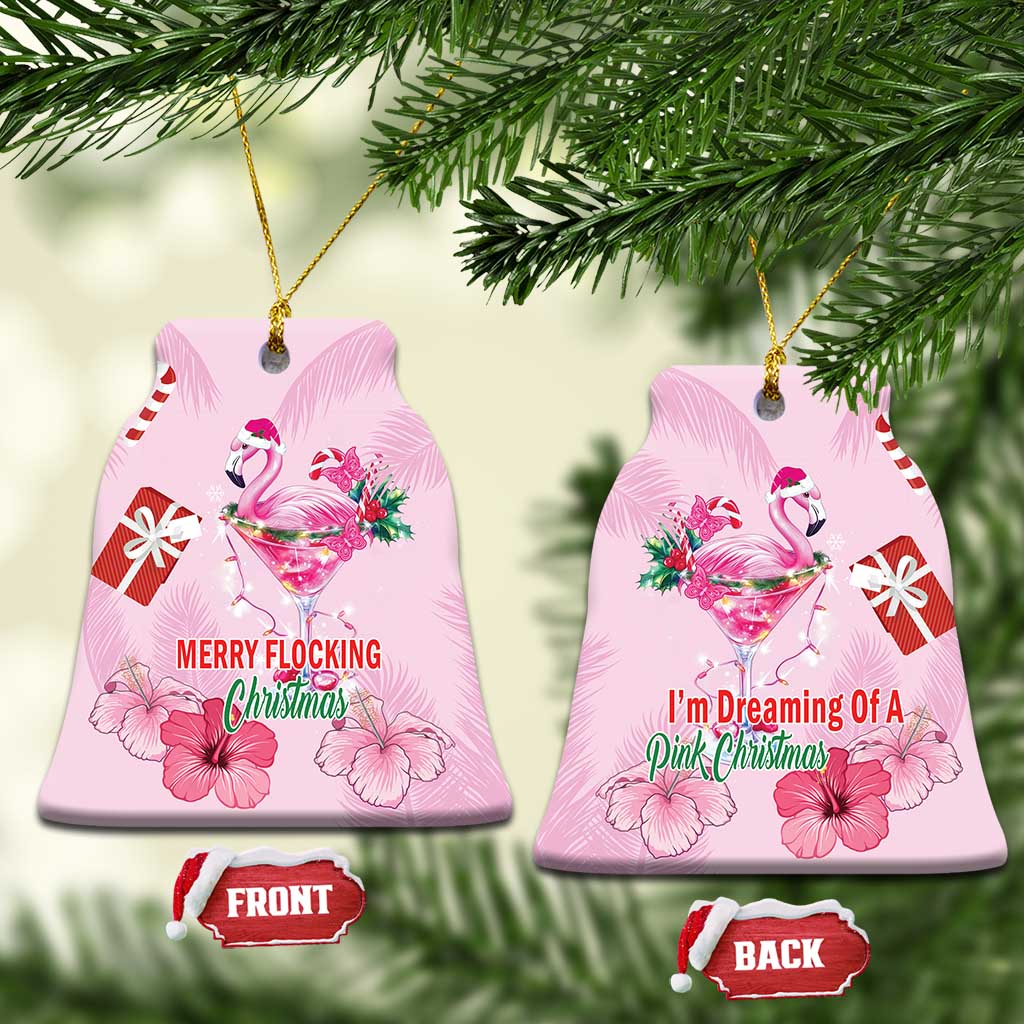 Pink flamingo Christmas ceramic bell ornament pair, “MERRY FLOCKING” and “I’m Dreaming…”
