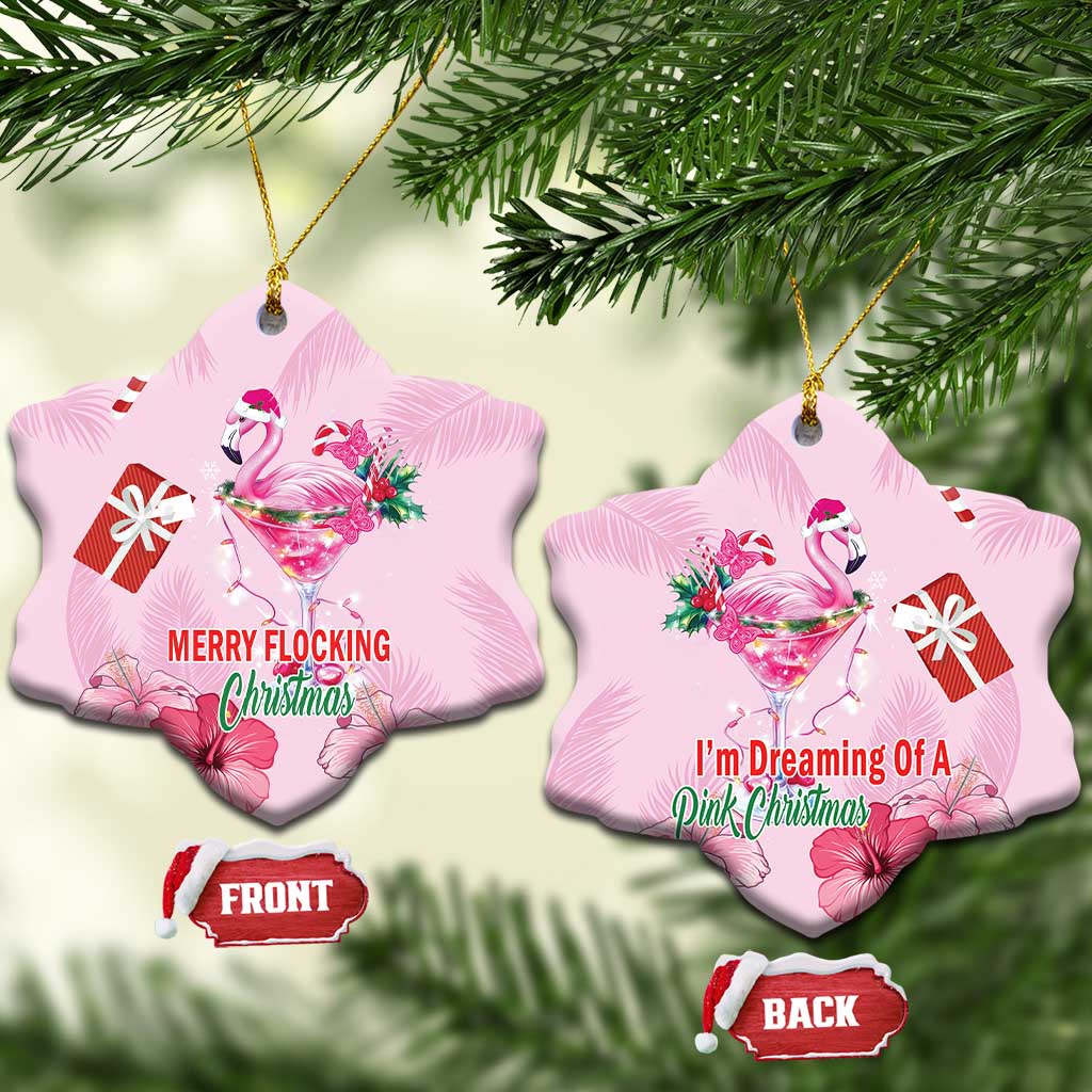 Pink flamingo Christmas ceramic heart ornament pair, “MERRY FLOCKING” and “I’m Dreaming…”
