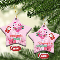 Pink flamingo Christmas ceramic star ornaments pair with gold loops; “MERRY FLOCKING” text.
