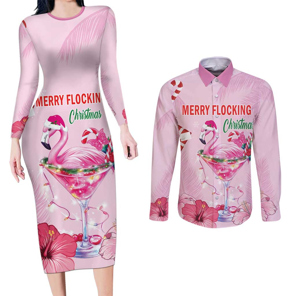 Bahamas Flamingo Christmas Couples Matching Long Sleeve Bodycon Dress and Long Sleeve Button Shirt Merry Flocking - Wonder Print Shop