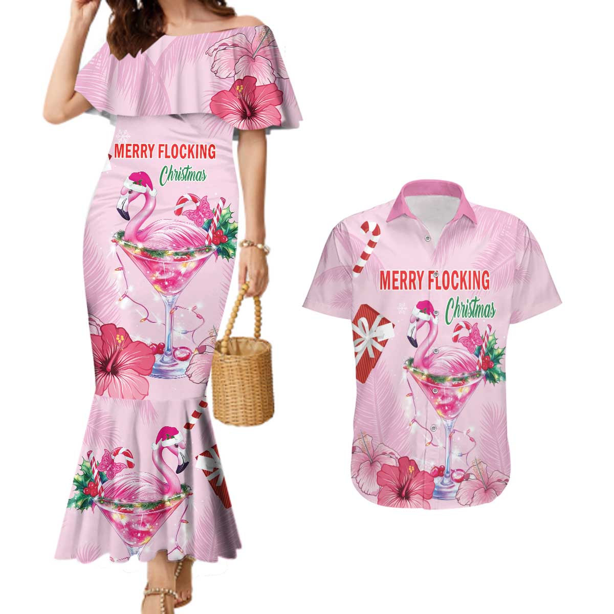 Bahamas Flamingo Christmas Couples Matching Mermaid Dress and Hawaiian Shirt Merry Flocking - Wonder Print Shop