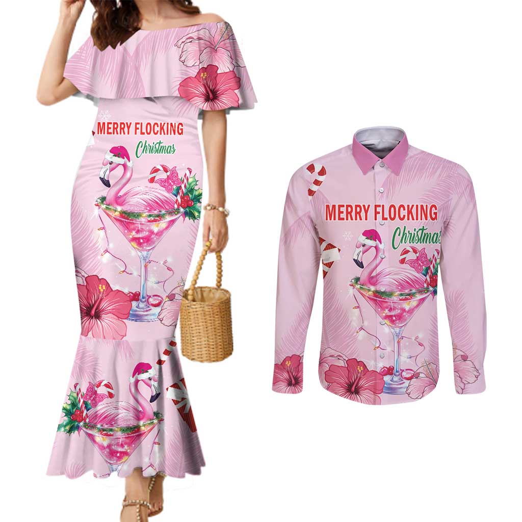 Bahamas Flamingo Christmas Couples Matching Mermaid Dress and Long Sleeve Button Shirt Merry Flocking