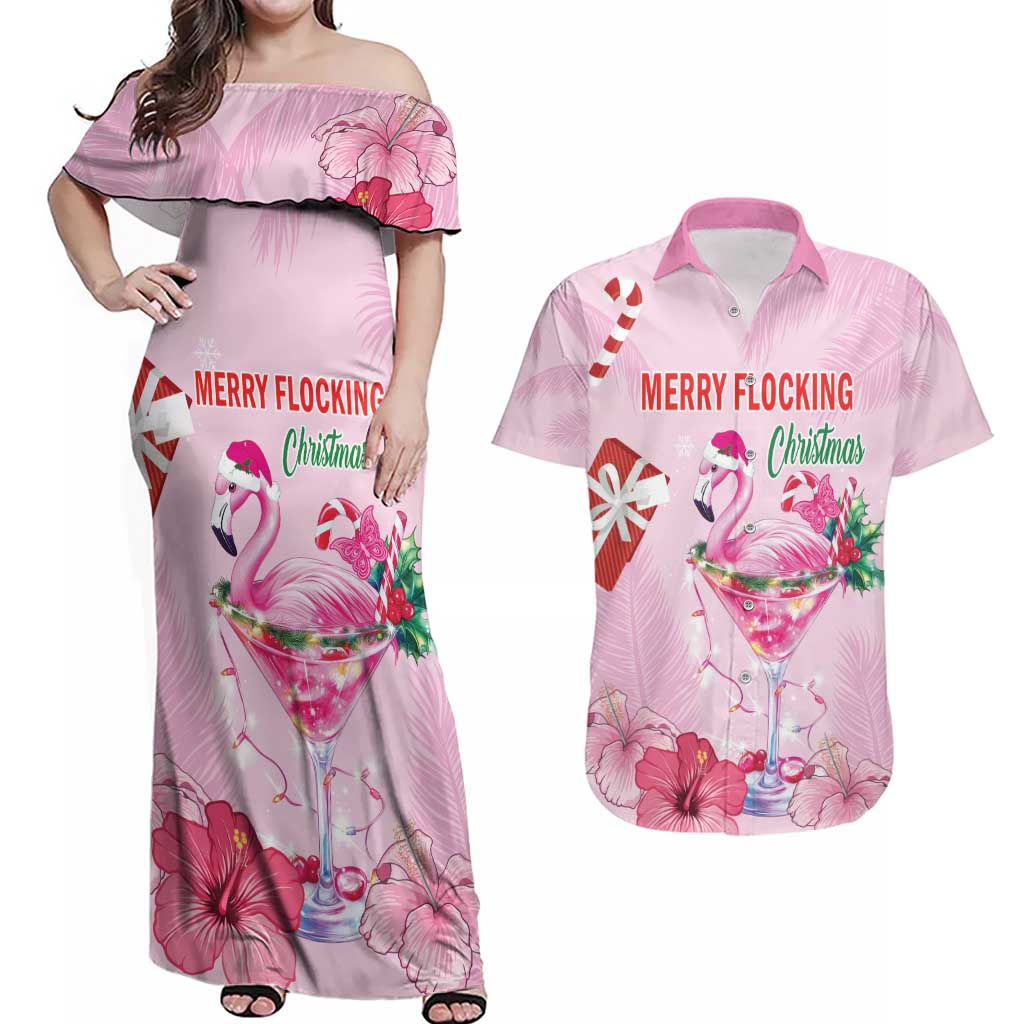 Bahamas Flamingo Christmas Couples Matching Off Shoulder Maxi Dress and Hawaiian Shirt Merry Flocking - Wonder Print Shop