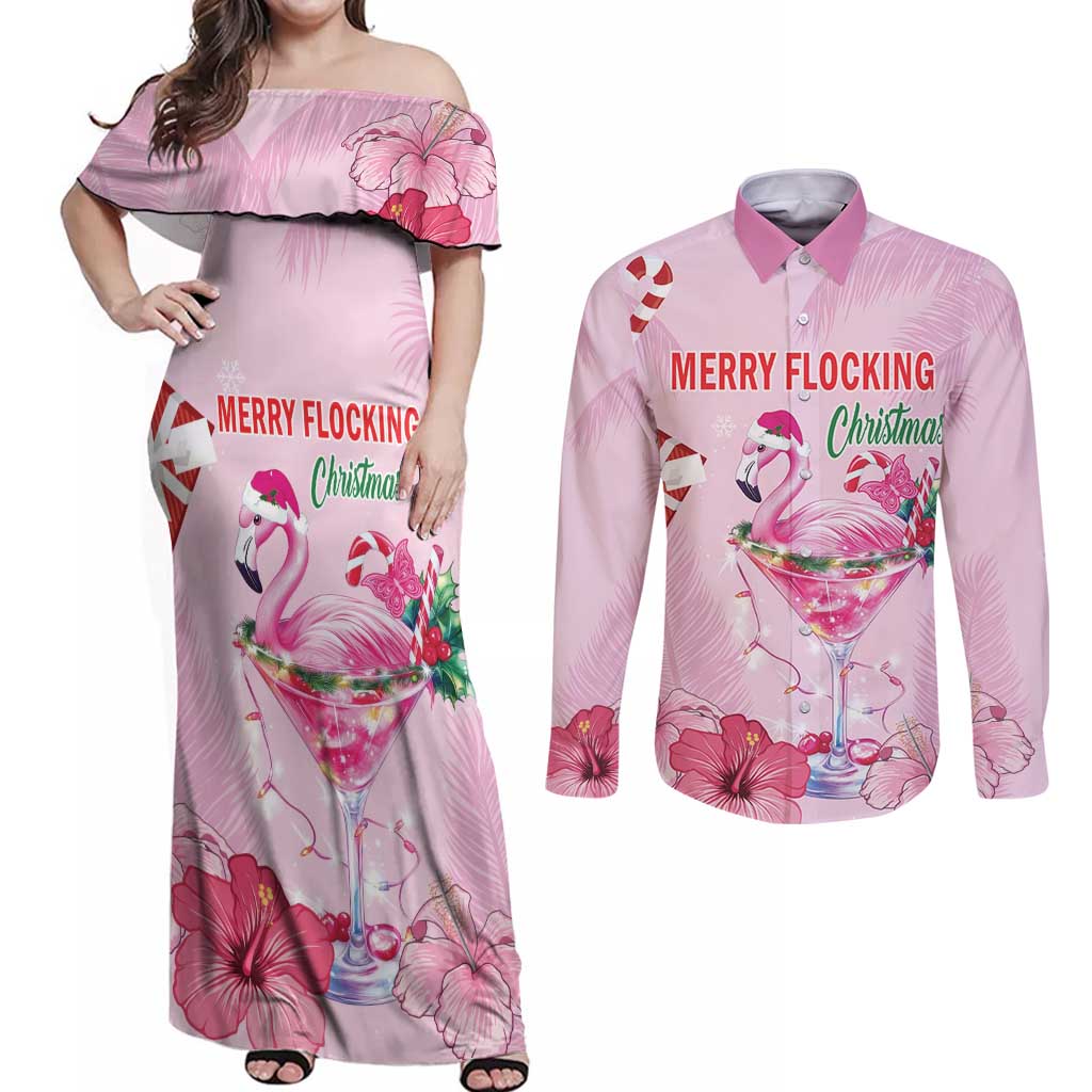 Bahamas Flamingo Christmas Couples Matching Off Shoulder Maxi Dress and Long Sleeve Button Shirt Merry Flocking - Wonder Print Shop