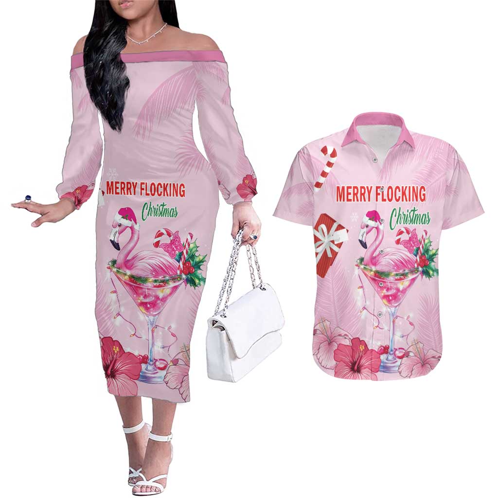 Bahamas Flamingo Christmas Couples Matching Off The Shoulder Long Sleeve Dress and Hawaiian Shirt Merry Flocking - Wonder Print Shop