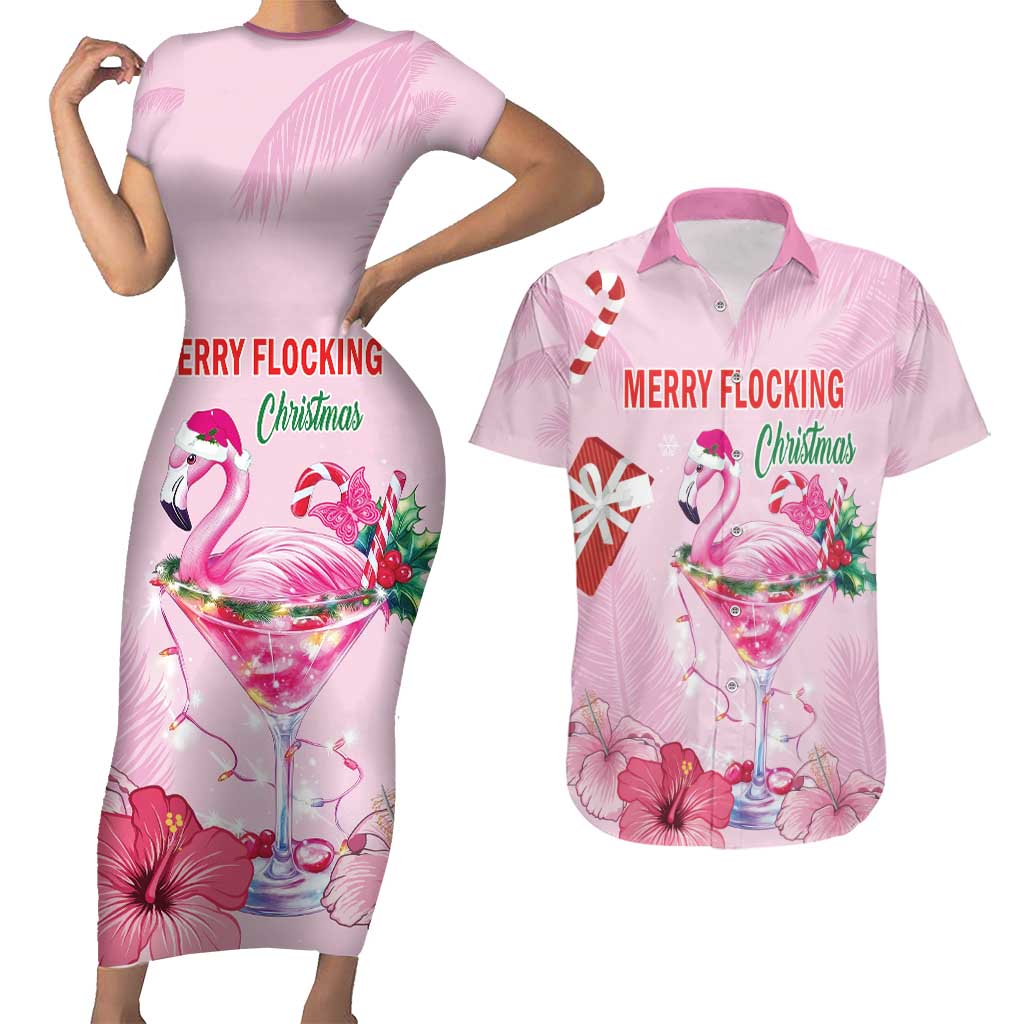 Bahamas Flamingo Christmas Couples Matching Short Sleeve Bodycon Dress and Hawaiian Shirt Merry Flocking - Wonder Print Shop