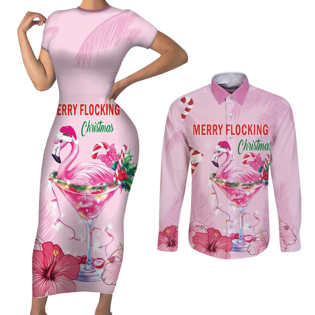 Bahamas Flamingo Christmas Couples Matching Short Sleeve Bodycon Dress and Long Sleeve Button Shirt Merry Flocking - Wonder Print Shop