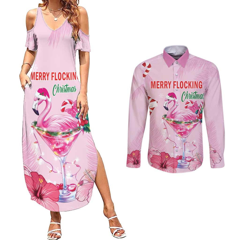 Bahamas Flamingo Christmas Couples Matching Summer Maxi Dress and Long Sleeve Button Shirt Merry Flocking - Wonder Print Shop