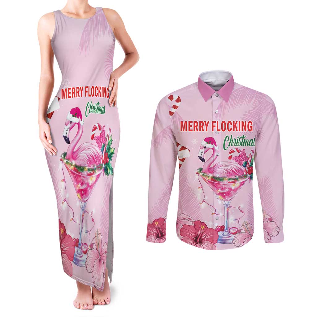 Bahamas Flamingo Christmas Couples Matching Tank Maxi Dress and Long Sleeve Button Shirt Merry Flocking - Wonder Print Shop