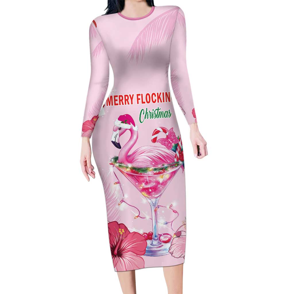 Bahamas Flamingo Christmas Long Sleeve Bodycon Dress Merry Flocking - Wonder Print Shop