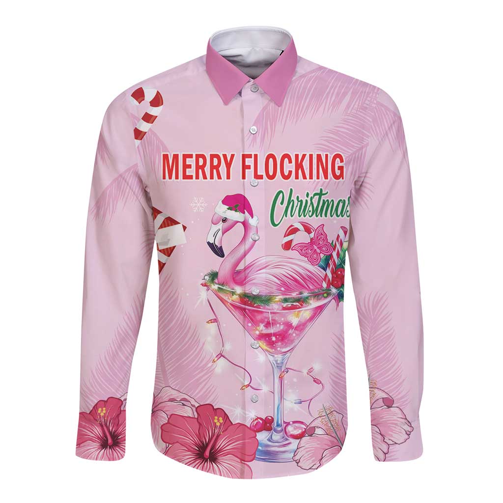 Pink flamingo Christmas long-sleeve button shirt with front graphic