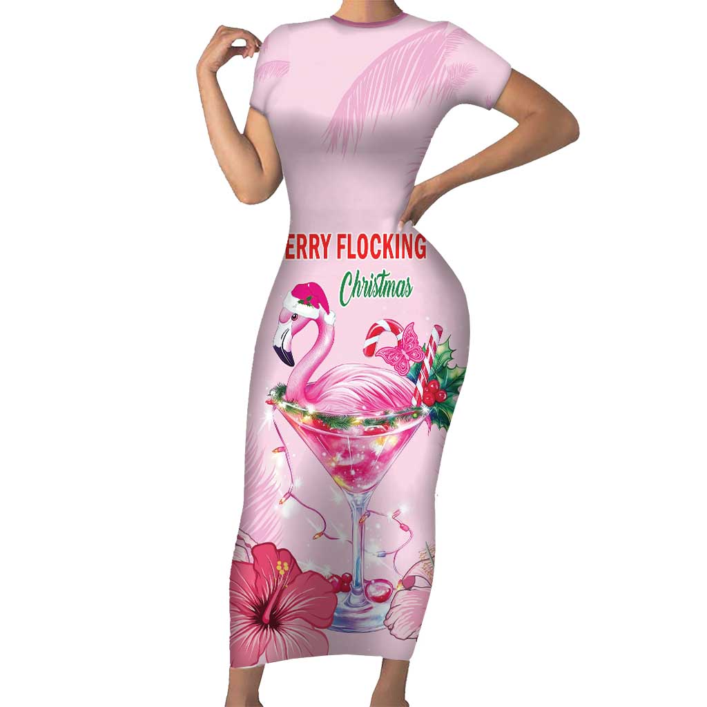 Bahamas Flamingo Christmas Short Sleeve Bodycon Dress Merry Flocking - Wonder Print Shop