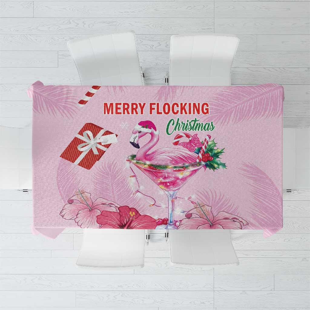Pink Christmas tablecloth with flamingo and floral print, flocked lettering