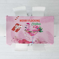 Pink Christmas tablecloth with flamingo and floral print, flocked lettering