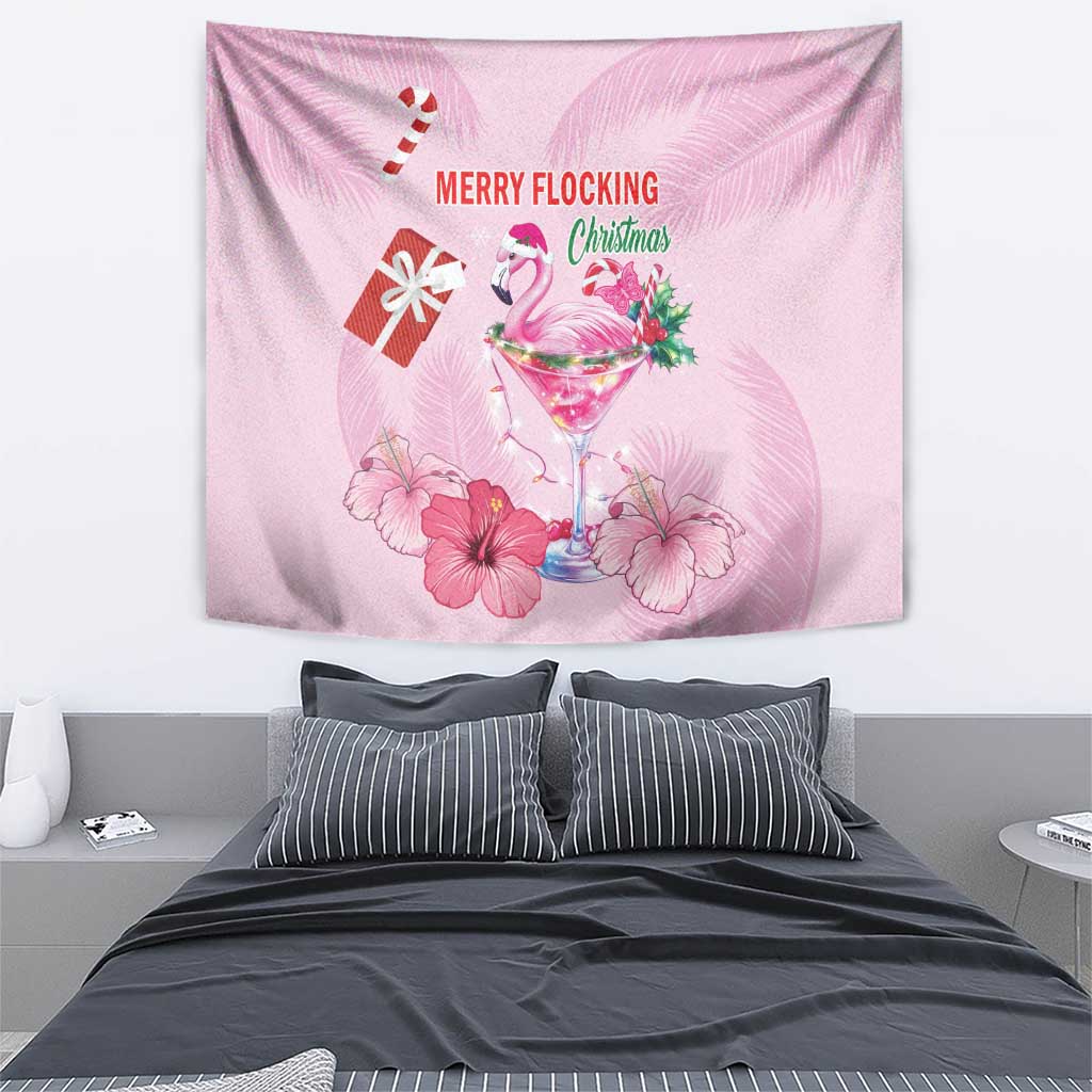 Pink Christmas tapestry featuring flamingo martini, gift box, and 'Merry Flocking' wording