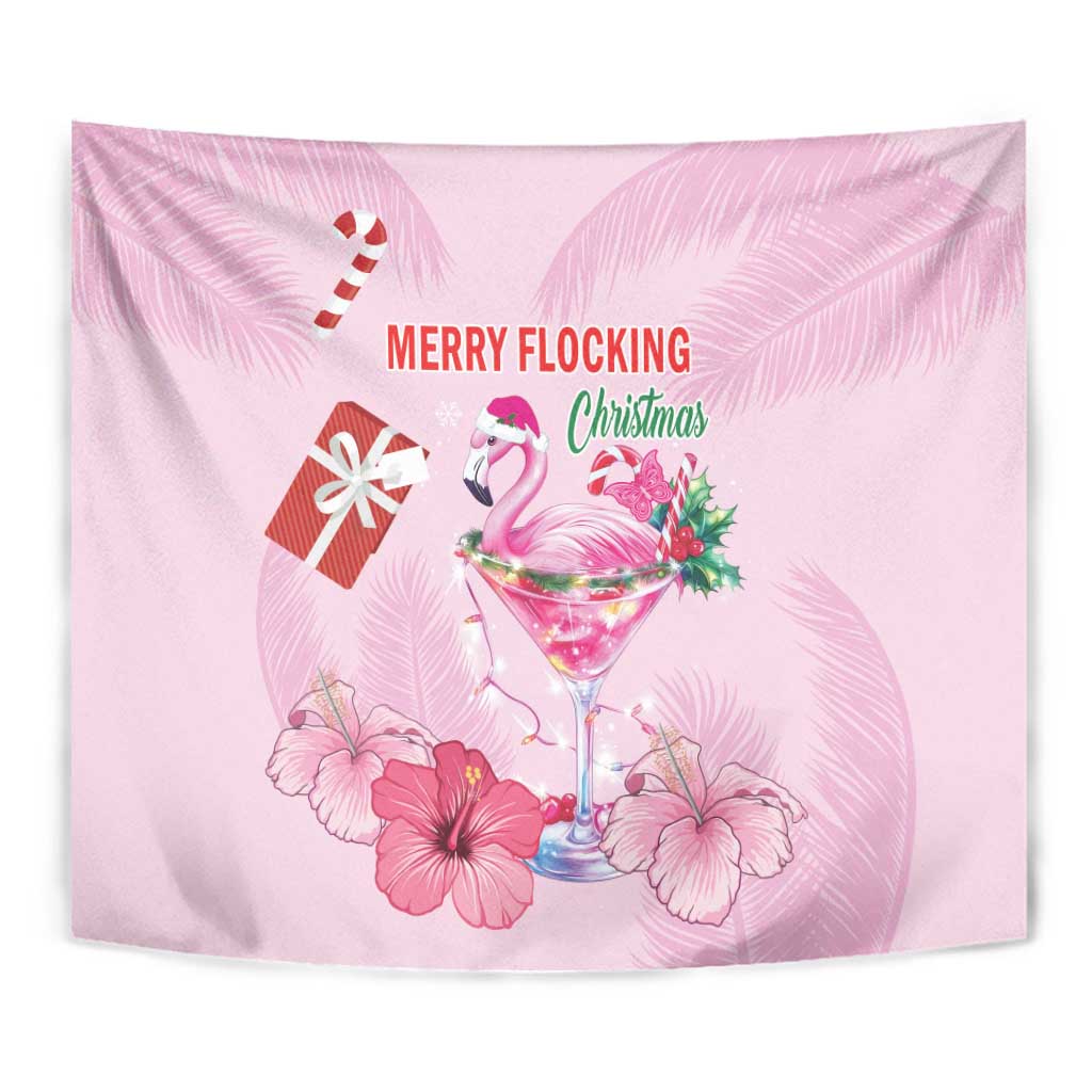 Pink flamingo Christmas tapestry close-up with 'Merry Flocking' and martini drink illustration