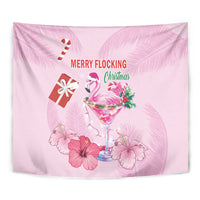 Pink flamingo Christmas tapestry close-up with 'Merry Flocking' and martini drink illustration