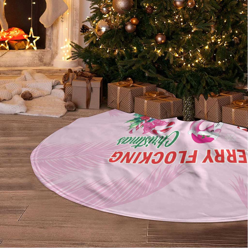 Pink round Christmas tree skirt with flamingo martini print, white fringed edge