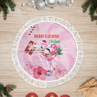 Pink Christmas tree skirt with flamingo martini design, white fringed border