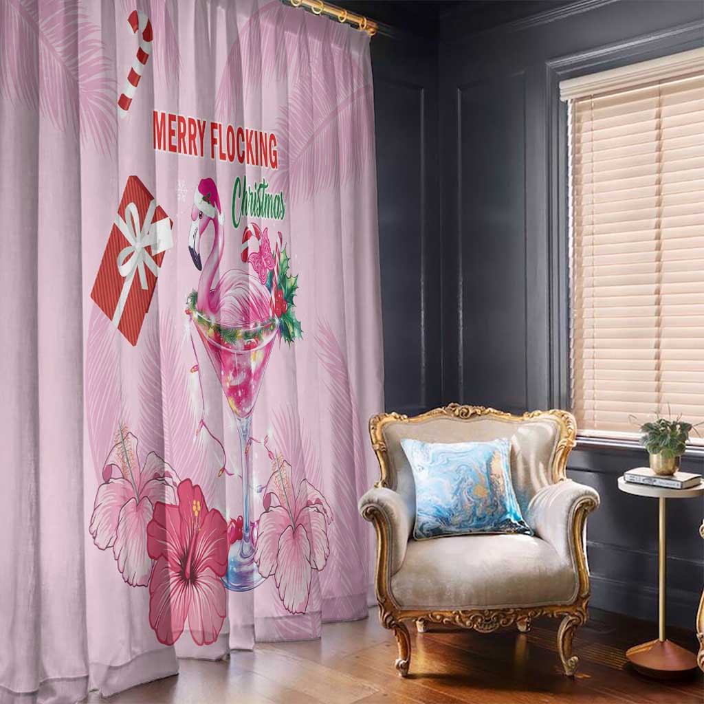 Pink Christmas window curtains with flamingo, gift icon and holiday floral border