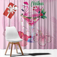 Pink Christmas window curtain close-up with flamingo cocktail, holly and flower print