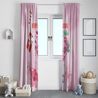 Pair of pink Christmas window curtains with flamingo, gift box and floral artwork