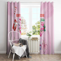 Pink Christmas window curtains with flamingo, “Merry” text and ribbon gift graphic