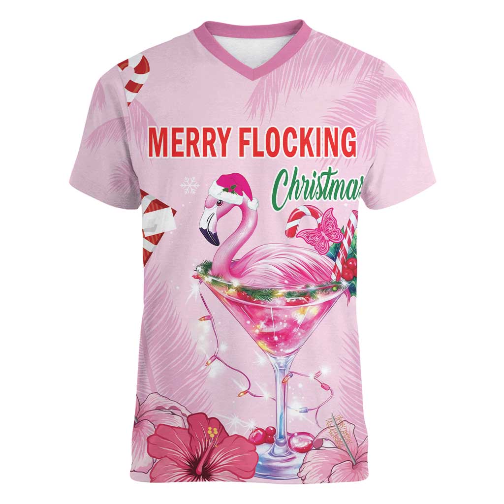 Bahamas Flamingo Christmas Women V-Neck T-Shirt Merry Flocking - Wonder Print Shop